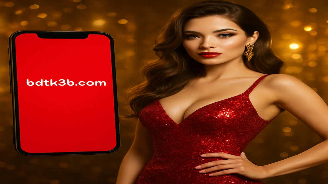 লাল পোশাকধারী এক আকর্ষণীয় নারী স্মার্টফোনটি ধরে BDTK3 গেমিং প্ল্যাটফর্ম অ্যাপ ডাউনলোড স্ক্রিন দেখাচ্ছে, বিলাসবহুল সোনালি পটভূমির বিরুদ্ধে