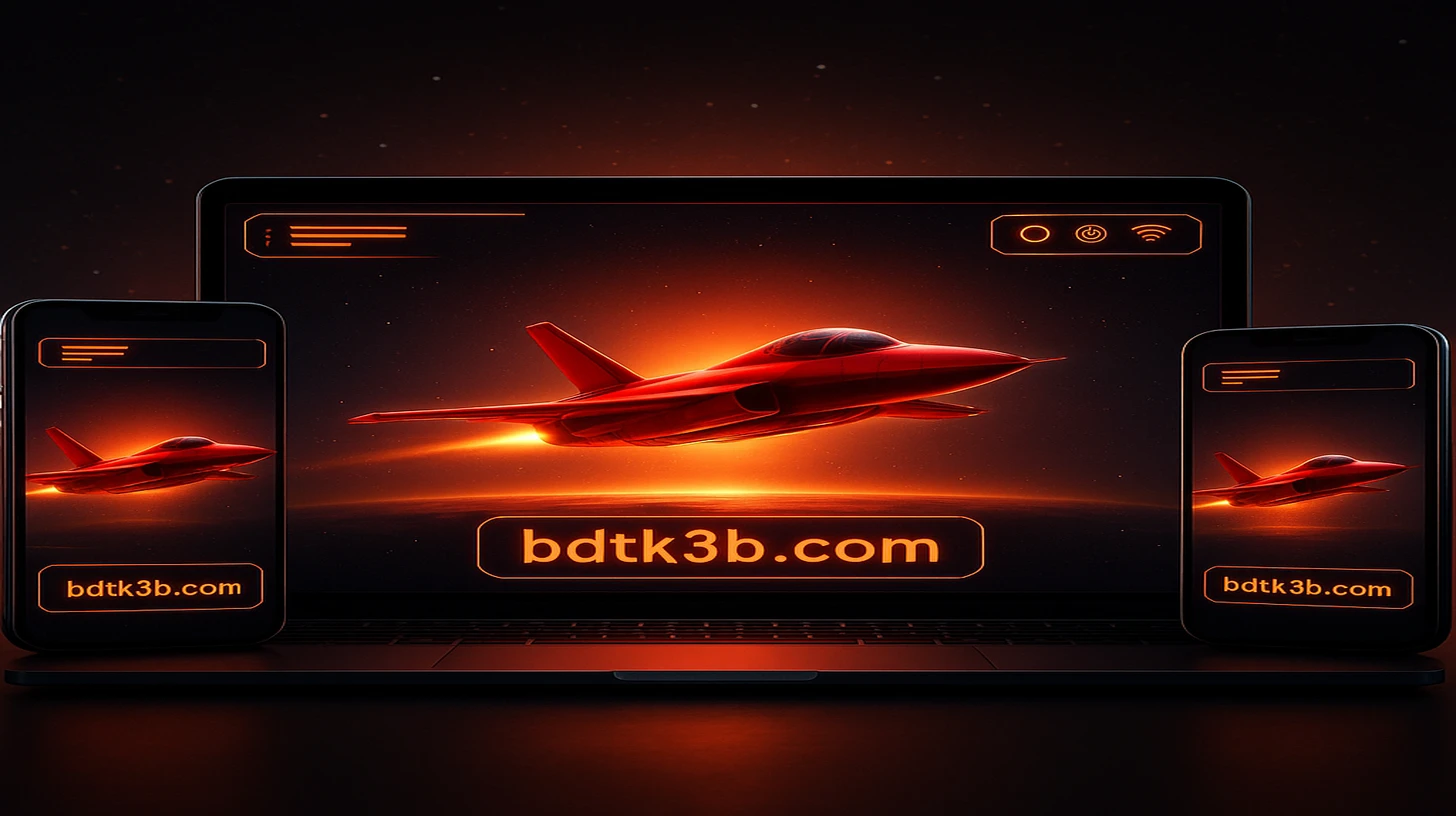 BDTK3 অ্যাভিয়েটর গেম ইন্টারফেসটি একাধিক ডিভাইসে প্রদর্শিত হচ্ছে, লাল বিমানসহ স্পেস পটভূমি ও গেমিং অপশনগুলোর সাথে।