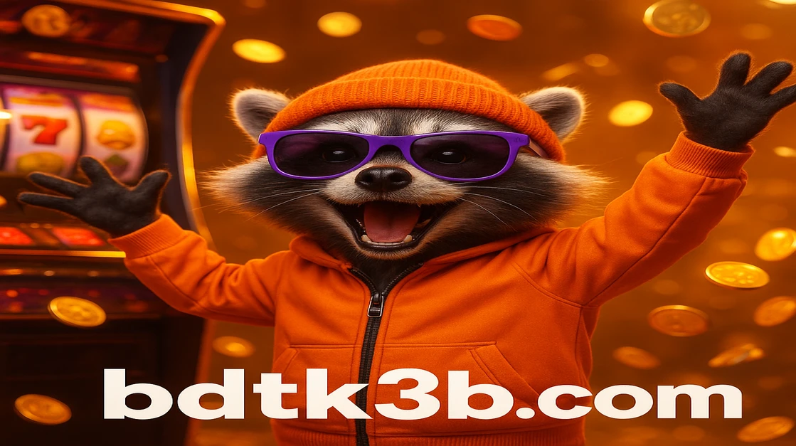 BDTK3 আর্কেড গেমে বড় জয় উদযাপন করছে একটি উচ্ছ্বাসিত র্যাকুন মসকট চরিত্র, হাত উঁচিয়ে রয়েছে এবং চারদিকে সোনালি কয়েন ছড়িয়ে রয়েছে