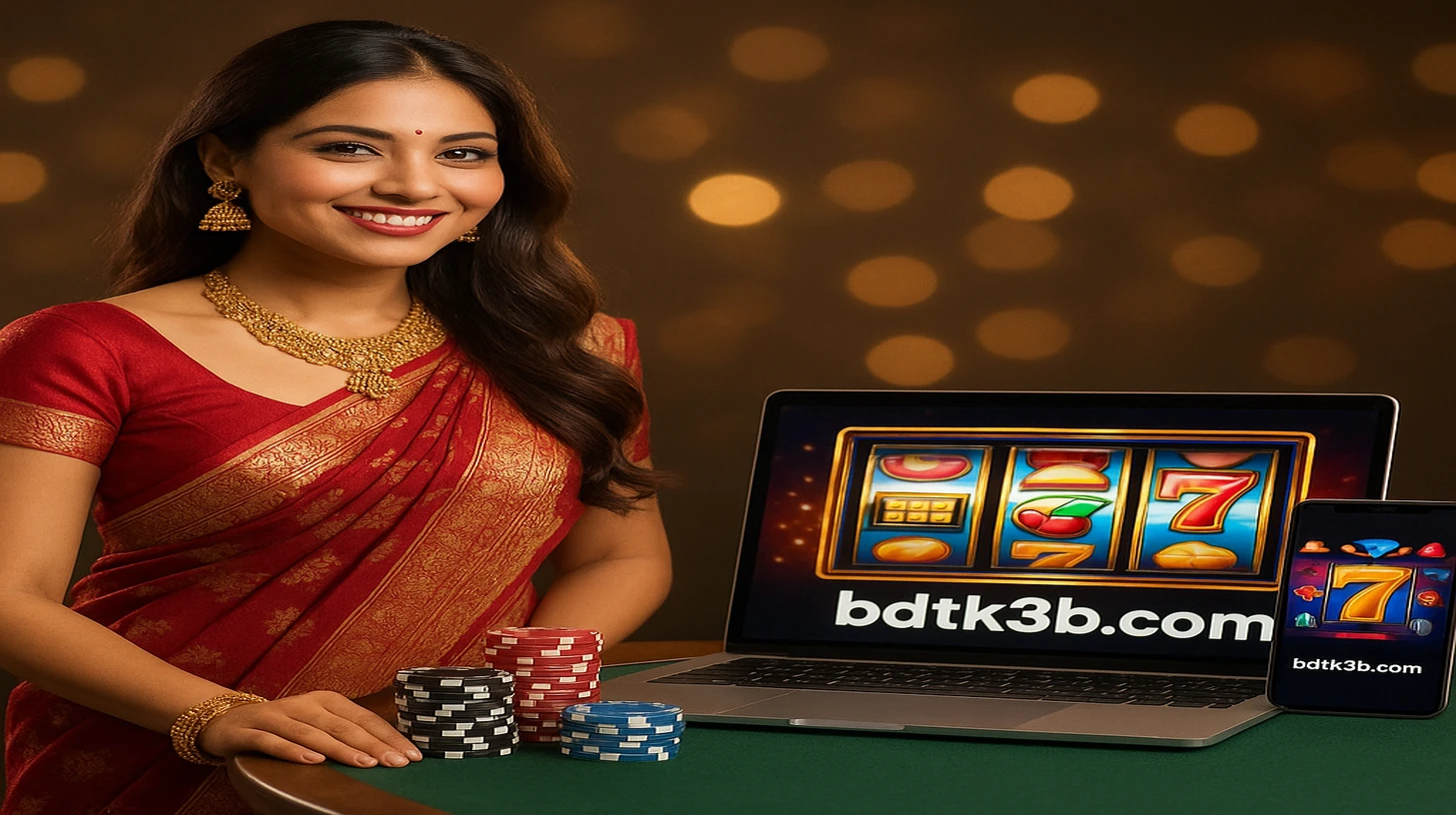 BDTK3 গেমিং প্ল্যাটফর্মটি উপস্থাপন করছেন এক নারী, লাল ও সোনালি সাড়ি পরা, তিনি ল্যাপটপ ও মোবাইল ডিভাইসে প্ল্যাটফর্মটি প্রদর্শন করছেন, গেম টোকেনগুলোর উপস্থিতি সহ একটি গেমিং পরিবেশে