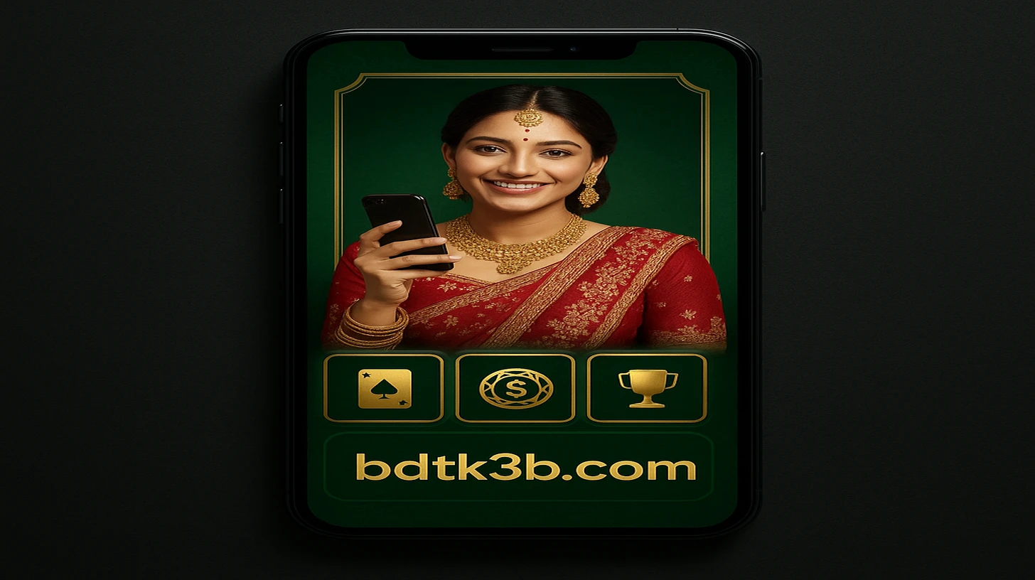 BDTK3 মোবাইল গেমিং প্ল্যাটফর্ম অ্যাপটি ব্যবহার করছেন একজন নারী, ঐতিহ্যবাহী লাল পোশাক ও স্বর্ণালংকার পরা, অ্যাপে বোনাস দাবি ইন্টারফেস ও গেম নির্বাচন মেনু রয়েছে