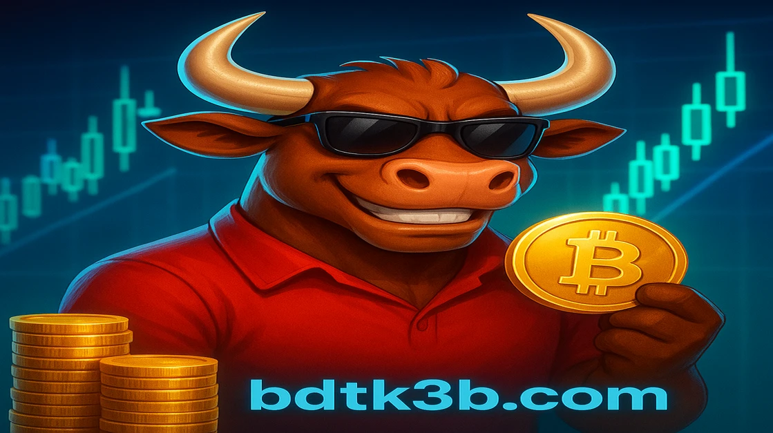 BDTK3 Fortune OX ট্রেডিং ও গেমিং প্ল্যাটফর্মের গেমগুলোর জন্য সানগ্লাস পরা একটি চমৎকার বুল চরিত্রটি একটি ডিজিটাল মুদ্রা কয়েন ধারণ করেছে