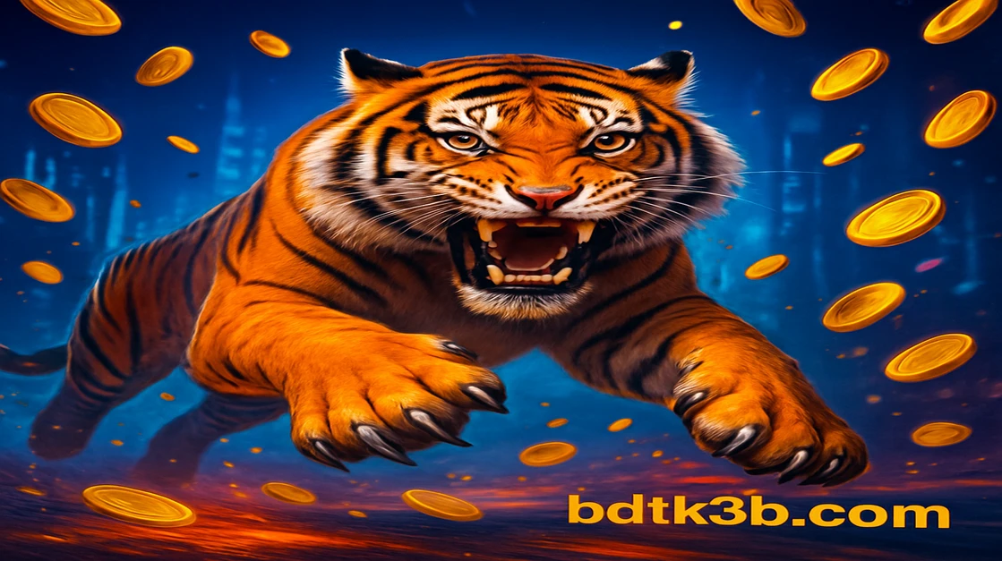 BDTK3 Fortune Tiger গেম-অভিজ্ঞতার জন্য এক মহিমান্বিত বাঘ, যার তীব্র কমলা চোখ এবং পড়ন্ত সোনালি কয়েনের মাঝে ঘেরা