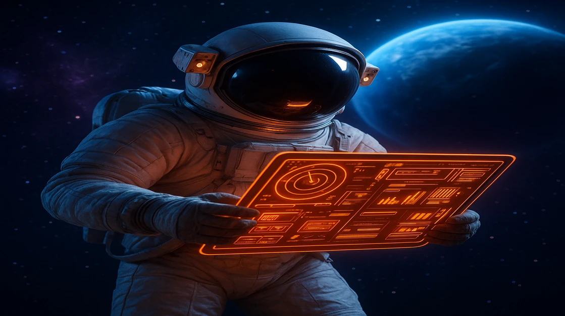 BDTK3 Spaceman গেমিং প্ল্যাটফর্মের একজন নভোচারী মহাকাশ পোশাক পরে গ্রহগুলোর মাঝে ভাসছে, হাতে ধরে একটি আধুনিক গেম ট্যাবলেট এবং এতে BDTK3 Spaceman গেমসমূহ প্রদর্শিত হচ্ছে