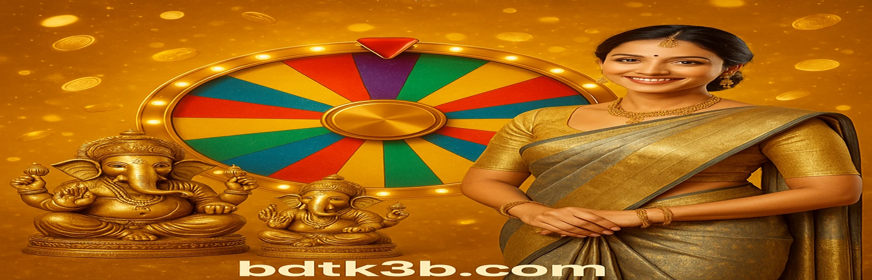 BDTK3 রেজিস্ট্রেশন বোনাস প্রচারে—একটি সুন্দর Bangladeshি নারী, ঐতিহ্যবাহী সোনালী শাড়ি ও গণেশ মূর্তির সঙ্গে, বিনামূল্যে 57 বার উত্তোলনের সুযোগ